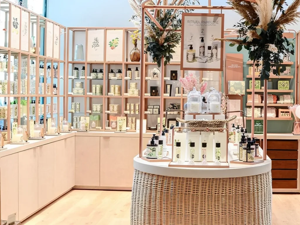 Estanterías de madera con productos de perfumería en el interior de la tienda